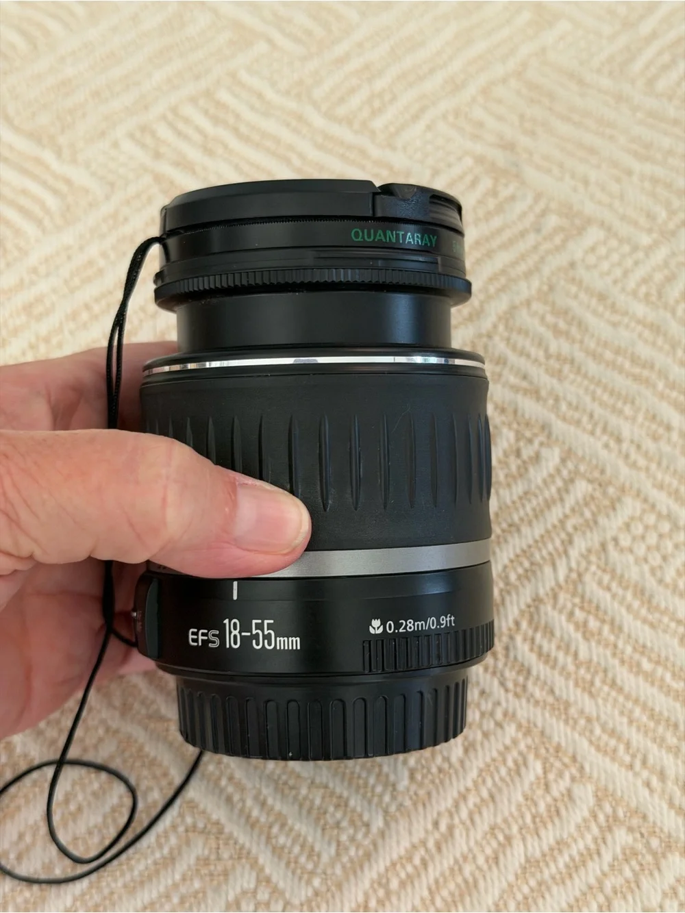 Canon EF-S 18-55mm 0.28m/0.9ft Zoom Lens. Quantaray 58mm. Made in Japan